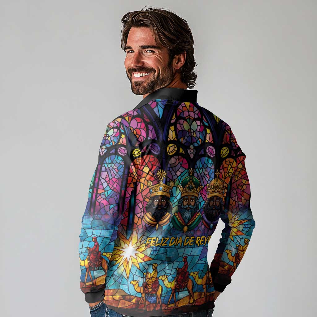Epiphany Three Kings Day Long Sleeve Polo Shirt Stained Glass Window Style - Wonder Print Shop