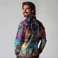 Epiphany Three Kings Day Long Sleeve Polo Shirt Stained Glass Window Style - Wonder Print Shop