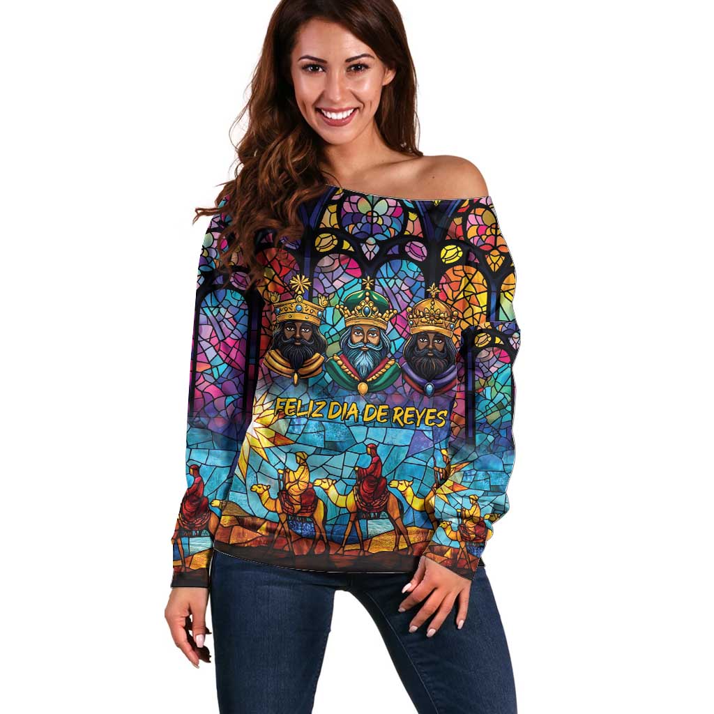 Epiphany Three Kings Day Off Shoulder Sweater Stained Glass Window Style - Wonder Print Shop