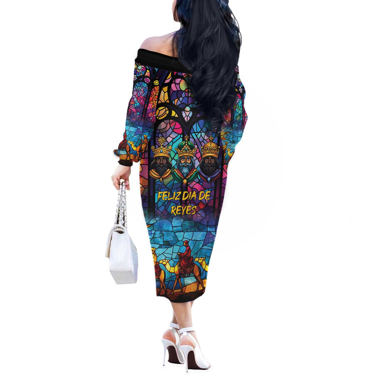 Epiphany Three Kings Day Off The Shoulder Long Sleeve Dress Stained Glass Window Style - Wonder Print Shop
