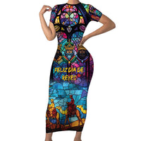 Epiphany Three Kings Day Short Sleeve Bodycon Dress Stained Glass Window Style - Wonder Print Shop