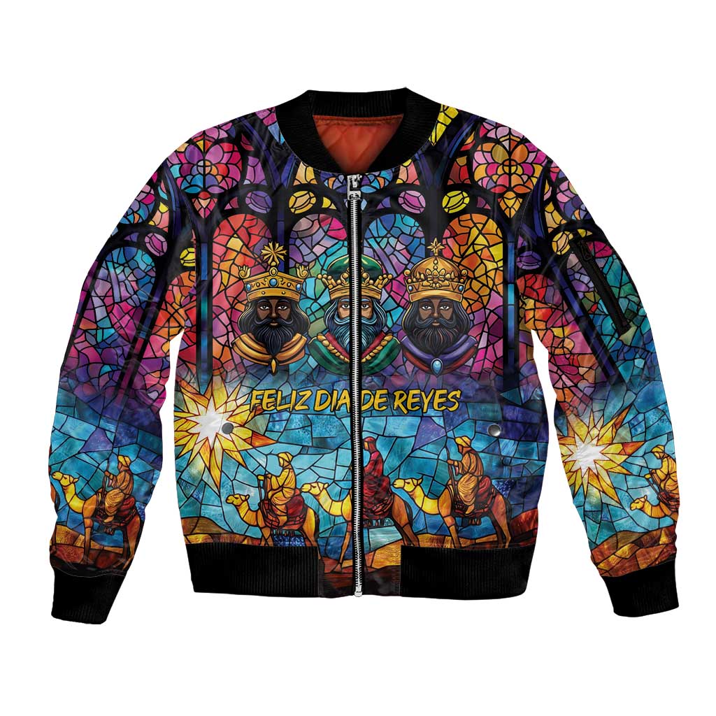 Epiphany Three Kings Day Sleeve Zip Bomber Jacket Stained Glass Window Style - Wonder Print Shop