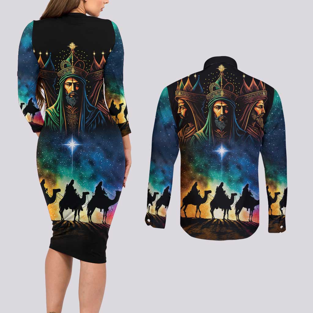 Feliz Dia De Reyes Three Kings Day Couples Matching Long Sleeve Bodycon Dress and Long Sleeve Button Shirt Happy Epiphany Day