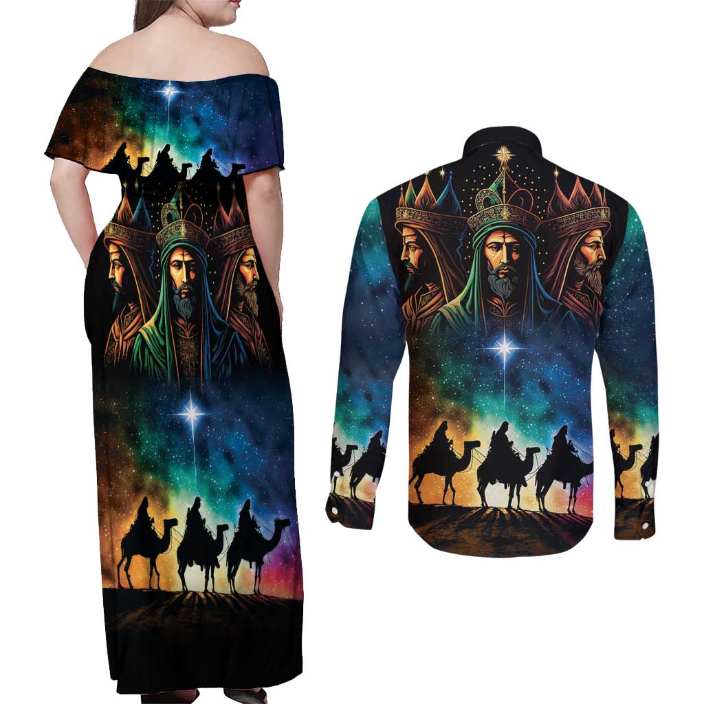Feliz Dia De Reyes Three Kings Day Couples Matching Off Shoulder Maxi Dress and Long Sleeve Button Shirt Happy Epiphany Day