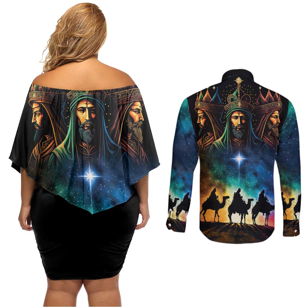 Feliz Dia De Reyes Three Kings Day Couples Matching Off Shoulder Short Dress and Long Sleeve Button Shirt Happy Epiphany Day