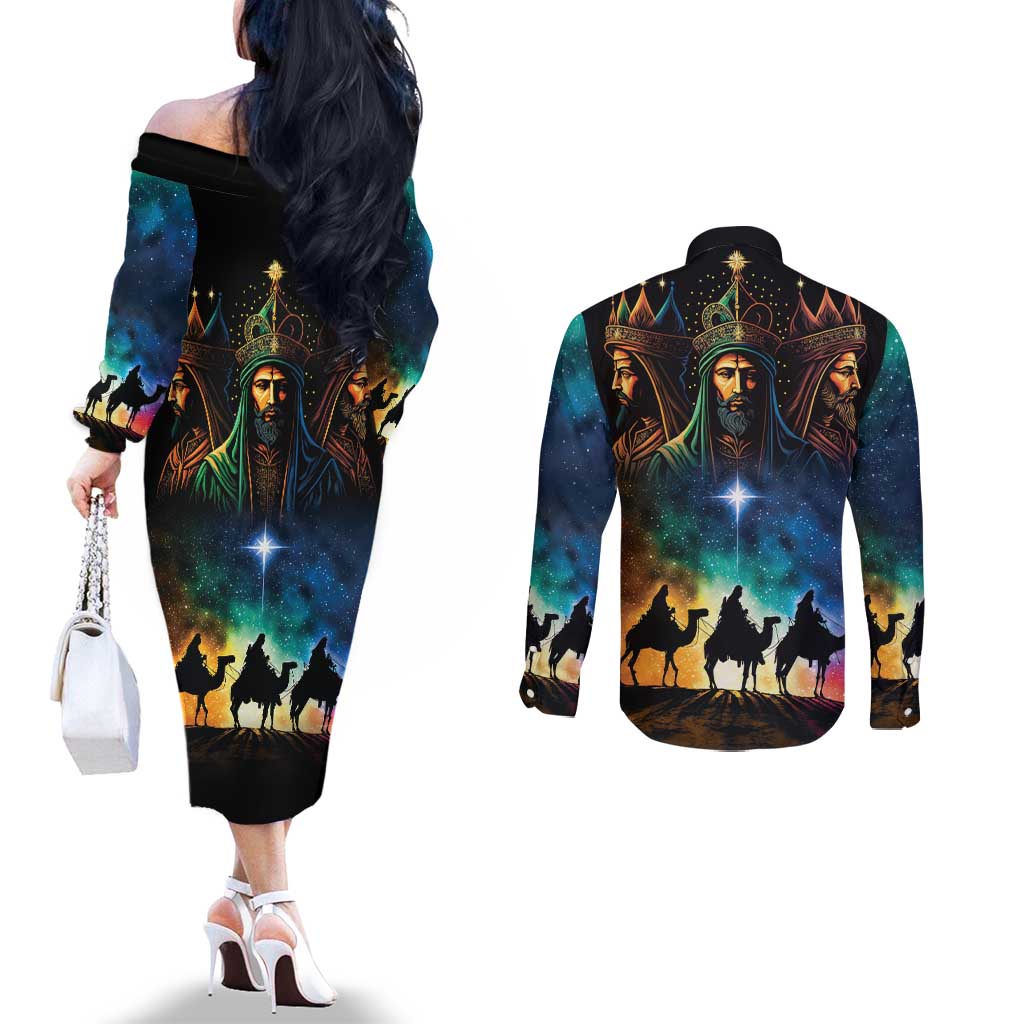 Feliz Dia De Reyes Three Kings Day Couples Matching Off The Shoulder Long Sleeve Dress and Long Sleeve Button Shirt Happy Epiphany Day