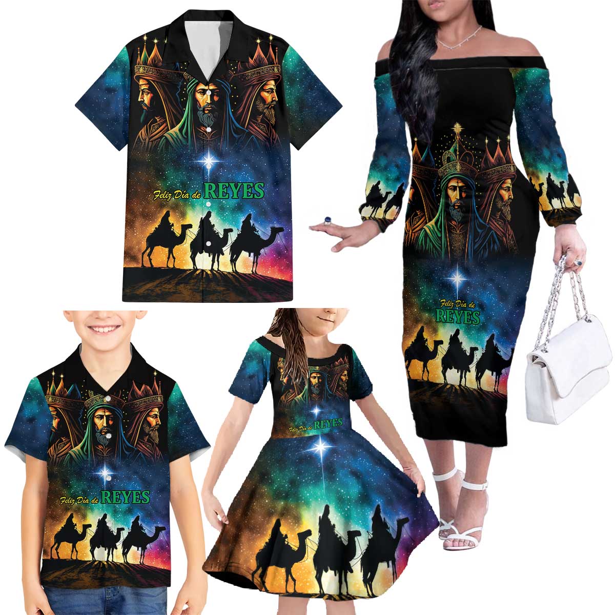 Feliz Dia De Reyes Three Kings Day Family Matching Off The Shoulder Long Sleeve Dress and Hawaiian Shirt Happy Epiphany Day