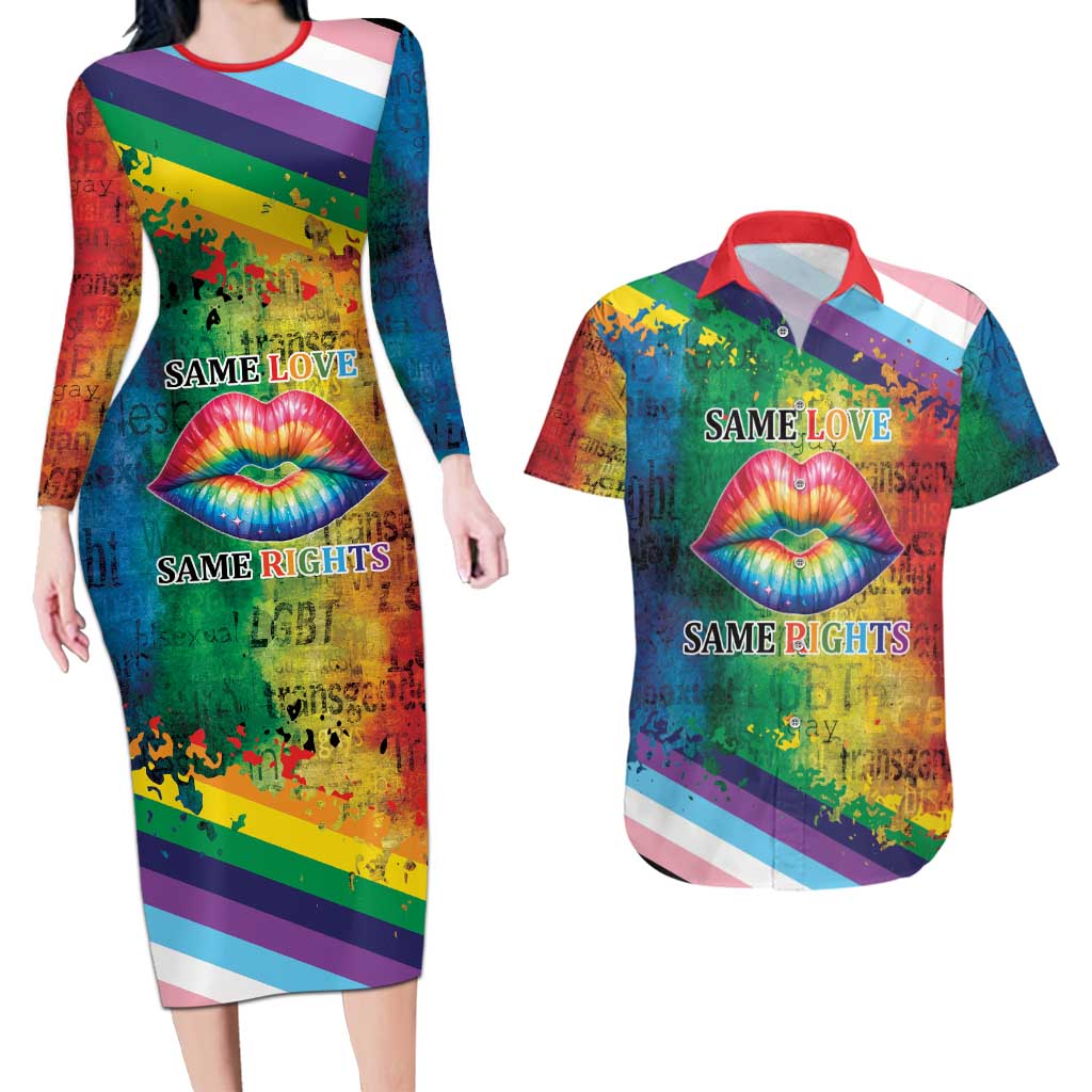 Beautiful Rainbow Lips Kiss Couples Matching Long Sleeve Bodycon Dress and Hawaiian Shirt LGBTQ Same Love Same Rights