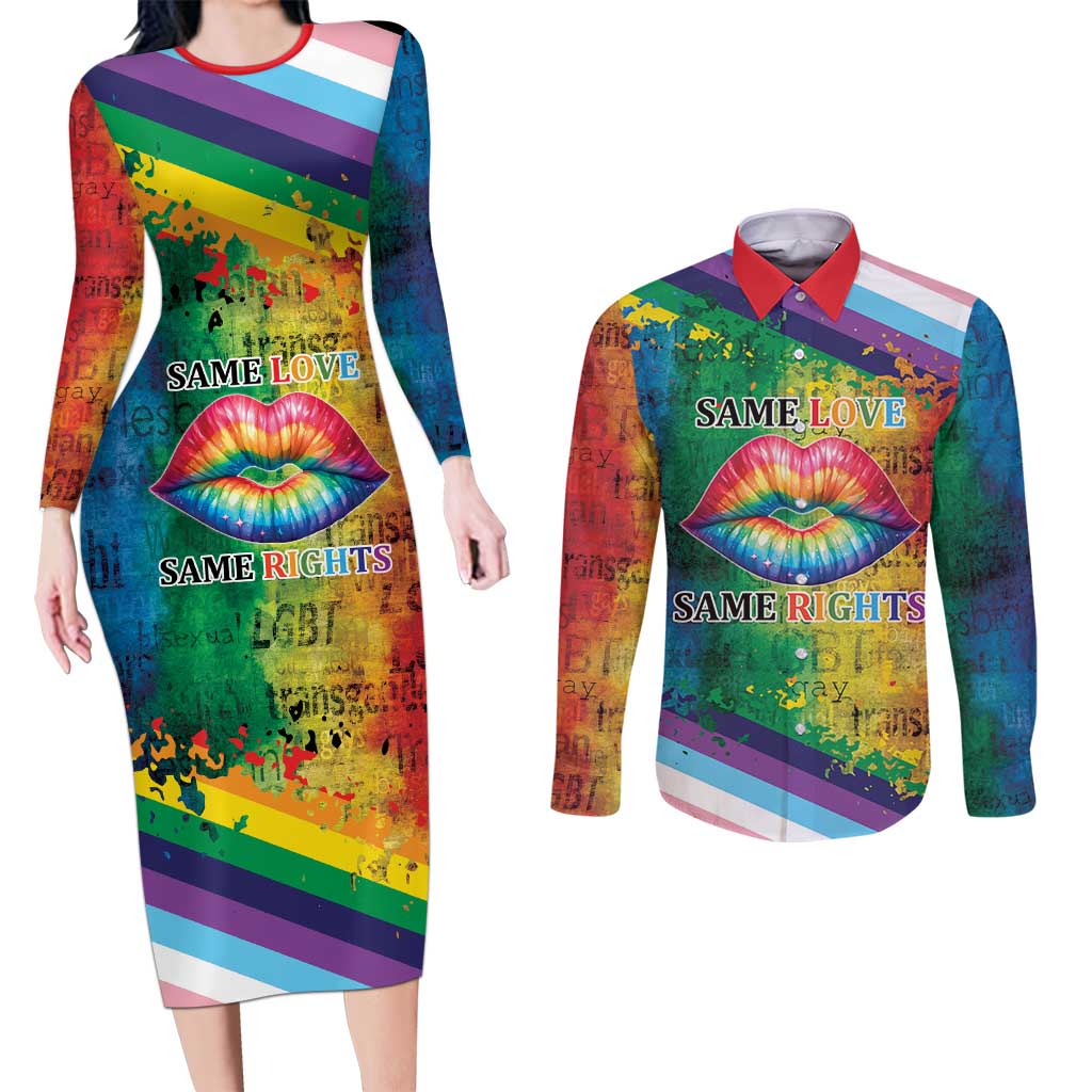 Beautiful Rainbow Lips Kiss Couples Matching Long Sleeve Bodycon Dress and Long Sleeve Button Shirt LGBTQ Same Love Same Rights