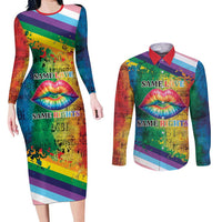 Beautiful Rainbow Lips Kiss Couples Matching Long Sleeve Bodycon Dress and Long Sleeve Button Shirt LGBTQ Same Love Same Rights