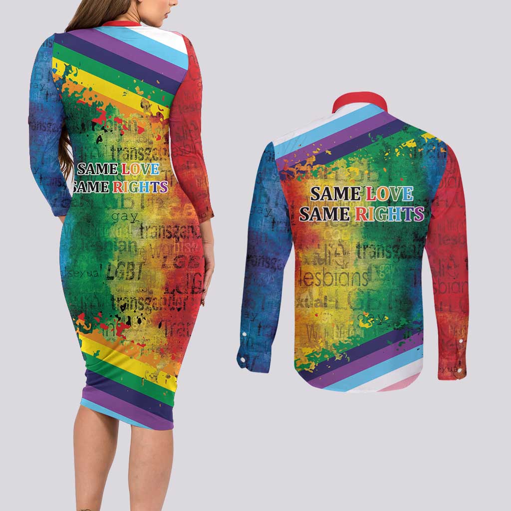 Beautiful Rainbow Lips Kiss Couples Matching Long Sleeve Bodycon Dress and Long Sleeve Button Shirt LGBTQ Same Love Same Rights