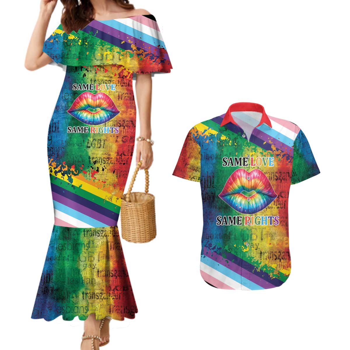 Beautiful Rainbow Lips Kiss Couples Matching Mermaid Dress and Hawaiian Shirt LGBTQ Same Love Same Rights