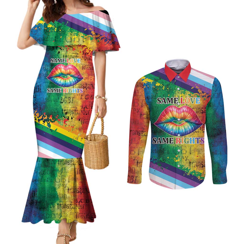 Beautiful Rainbow Lips Kiss Couples Matching Mermaid Dress and Long Sleeve Button Shirt LGBTQ Same Love Same Rights