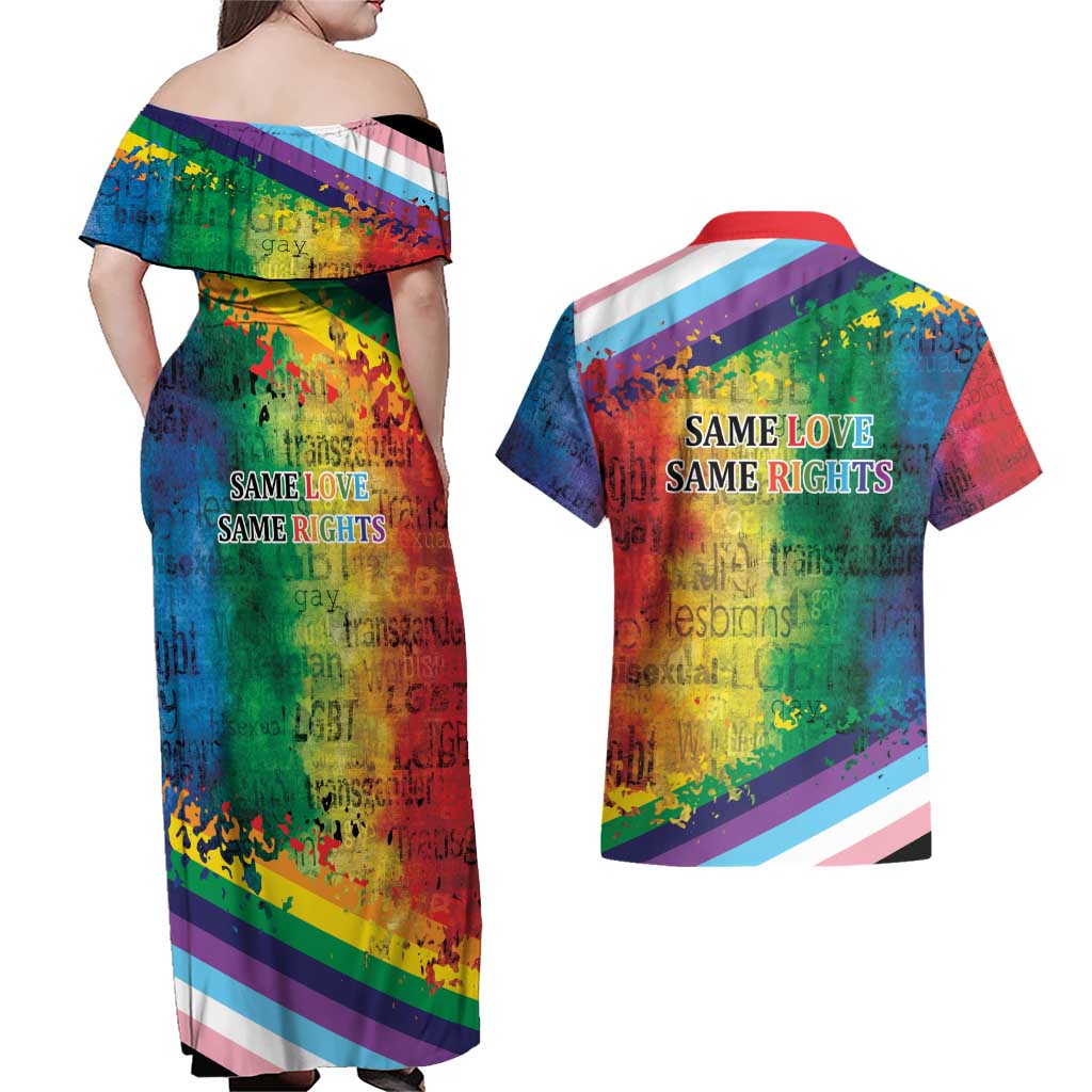 Beautiful Rainbow Lips Kiss Couples Matching Off Shoulder Maxi Dress and Hawaiian Shirt LGBTQ Same Love Same Rights