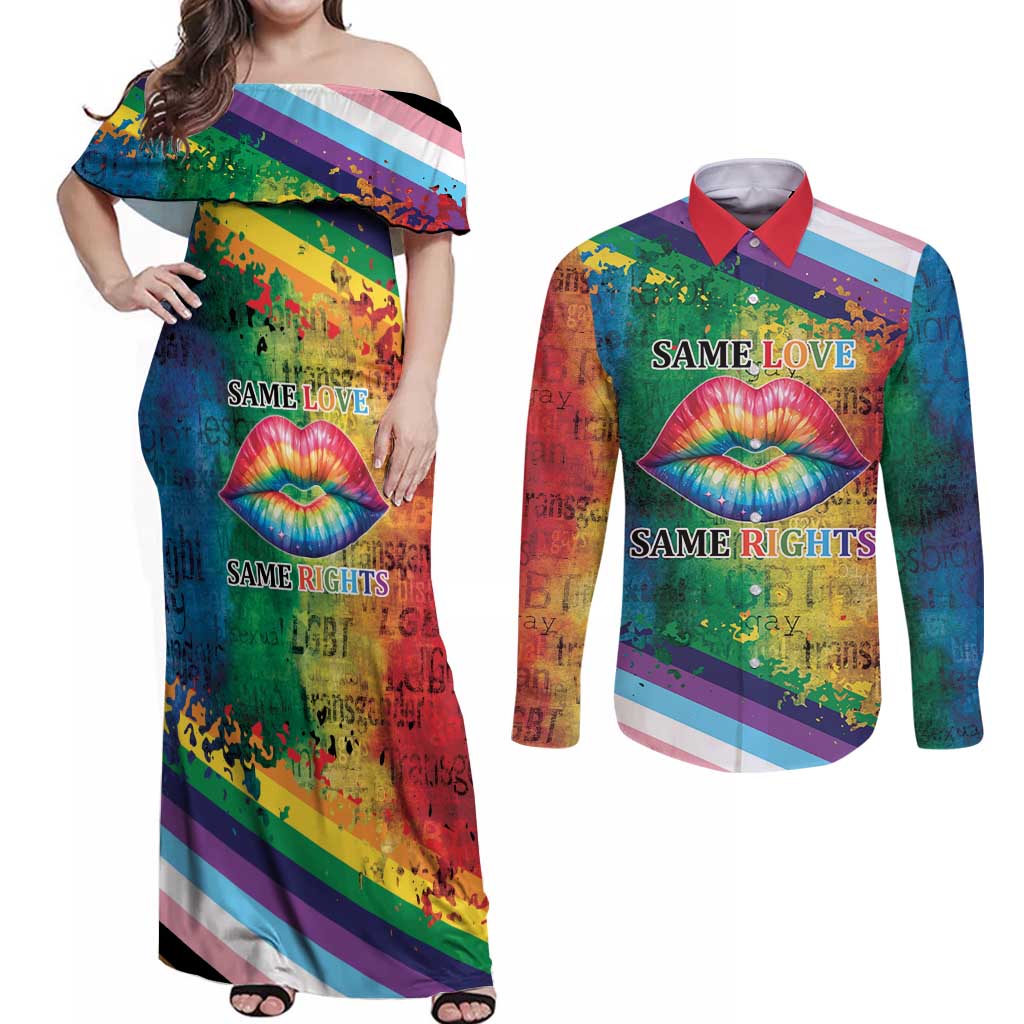 Beautiful Rainbow Lips Kiss Couples Matching Off Shoulder Maxi Dress and Long Sleeve Button Shirt LGBTQ Same Love Same Rights