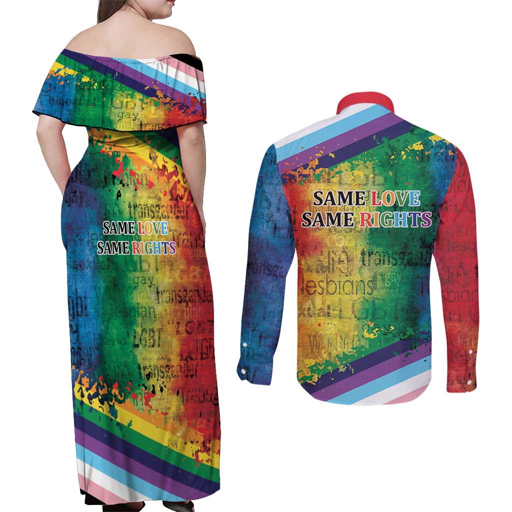 Beautiful Rainbow Lips Kiss Couples Matching Off Shoulder Maxi Dress and Long Sleeve Button Shirt LGBTQ Same Love Same Rights