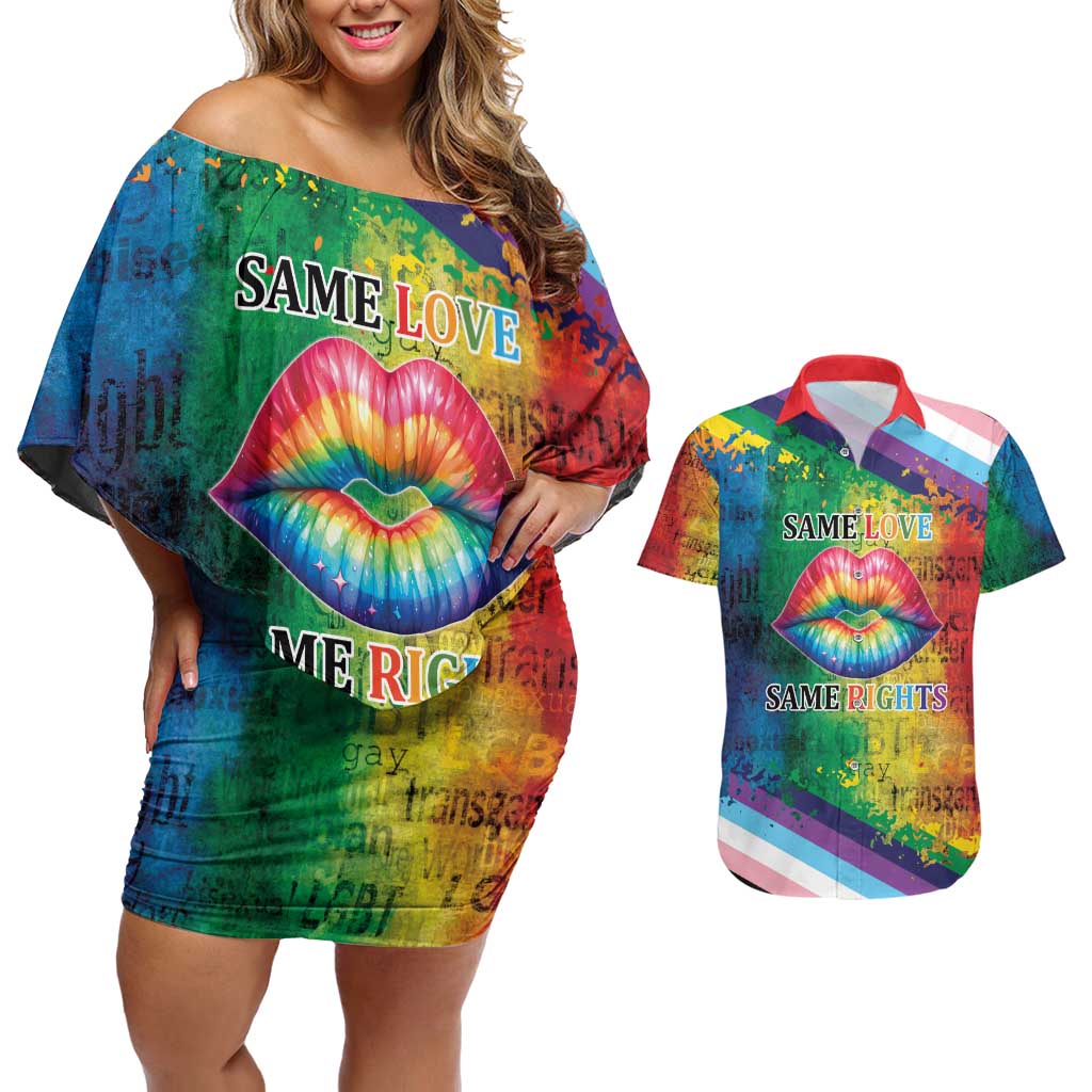 Beautiful Rainbow Lips Kiss Couples Matching Off Shoulder Short Dress and Hawaiian Shirt LGBTQ Same Love Same Rights