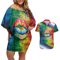 Beautiful Rainbow Lips Kiss Couples Matching Off Shoulder Short Dress and Hawaiian Shirt LGBTQ Same Love Same Rights