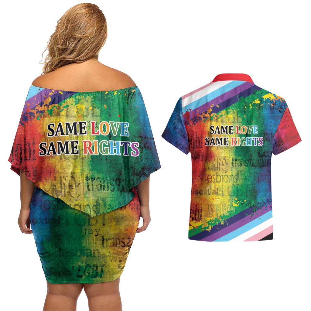 Beautiful Rainbow Lips Kiss Couples Matching Off Shoulder Short Dress and Hawaiian Shirt LGBTQ Same Love Same Rights