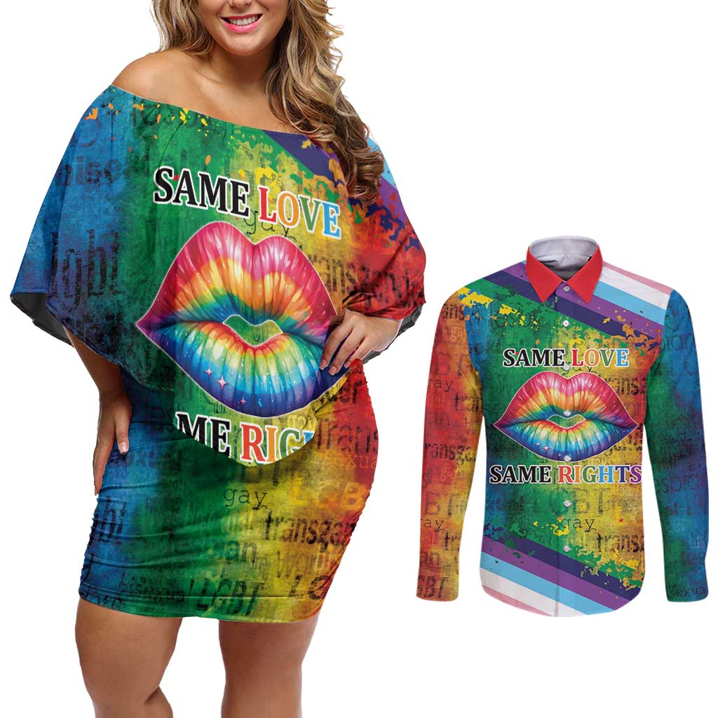 Beautiful Rainbow Lips Kiss Couples Matching Off Shoulder Short Dress and Long Sleeve Button Shirt LGBTQ Same Love Same Rights