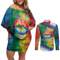 Beautiful Rainbow Lips Kiss Couples Matching Off Shoulder Short Dress and Long Sleeve Button Shirt LGBTQ Same Love Same Rights