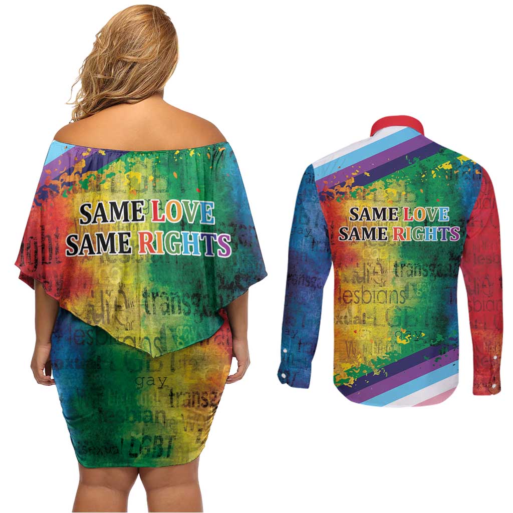 Beautiful Rainbow Lips Kiss Couples Matching Off Shoulder Short Dress and Long Sleeve Button Shirt LGBTQ Same Love Same Rights