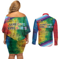 Beautiful Rainbow Lips Kiss Couples Matching Off Shoulder Short Dress and Long Sleeve Button Shirt LGBTQ Same Love Same Rights