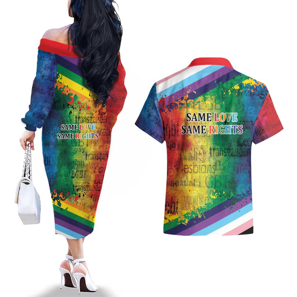 Beautiful Rainbow Lips Kiss Couples Matching Off The Shoulder Long Sleeve Dress and Hawaiian Shirt LGBTQ Same Love Same Rights