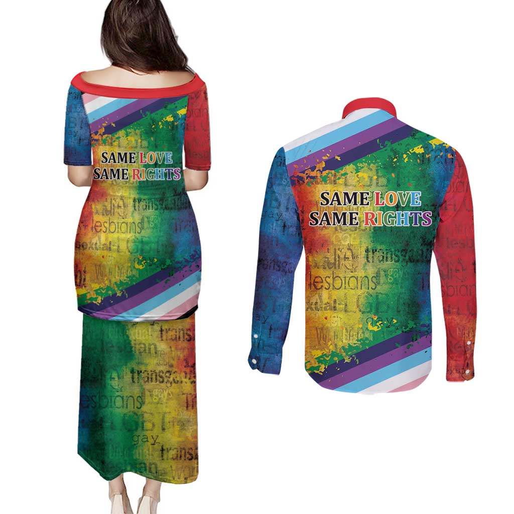 Beautiful Rainbow Lips Kiss Couples Matching Puletasi and Long Sleeve Button Shirt LGBTQ Same Love Same Rights