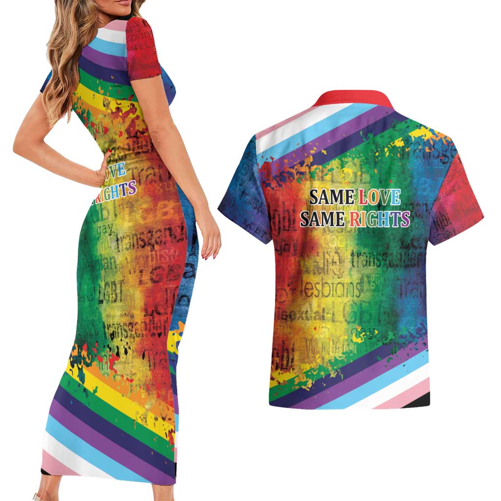 Beautiful Rainbow Lips Kiss Couples Matching Short Sleeve Bodycon Dress and Hawaiian Shirt LGBTQ Same Love Same Rights