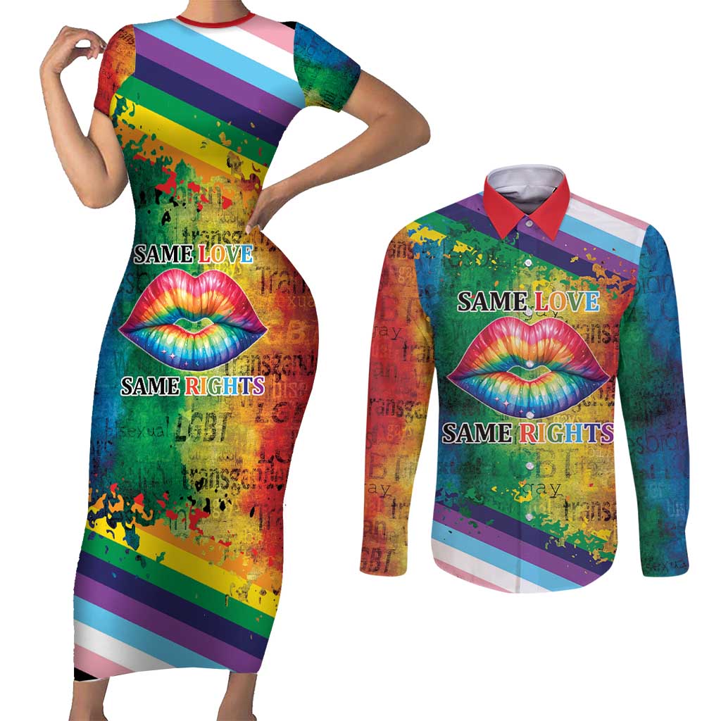 Beautiful Rainbow Lips Kiss Couples Matching Short Sleeve Bodycon Dress and Long Sleeve Button Shirt LGBTQ Same Love Same Rights
