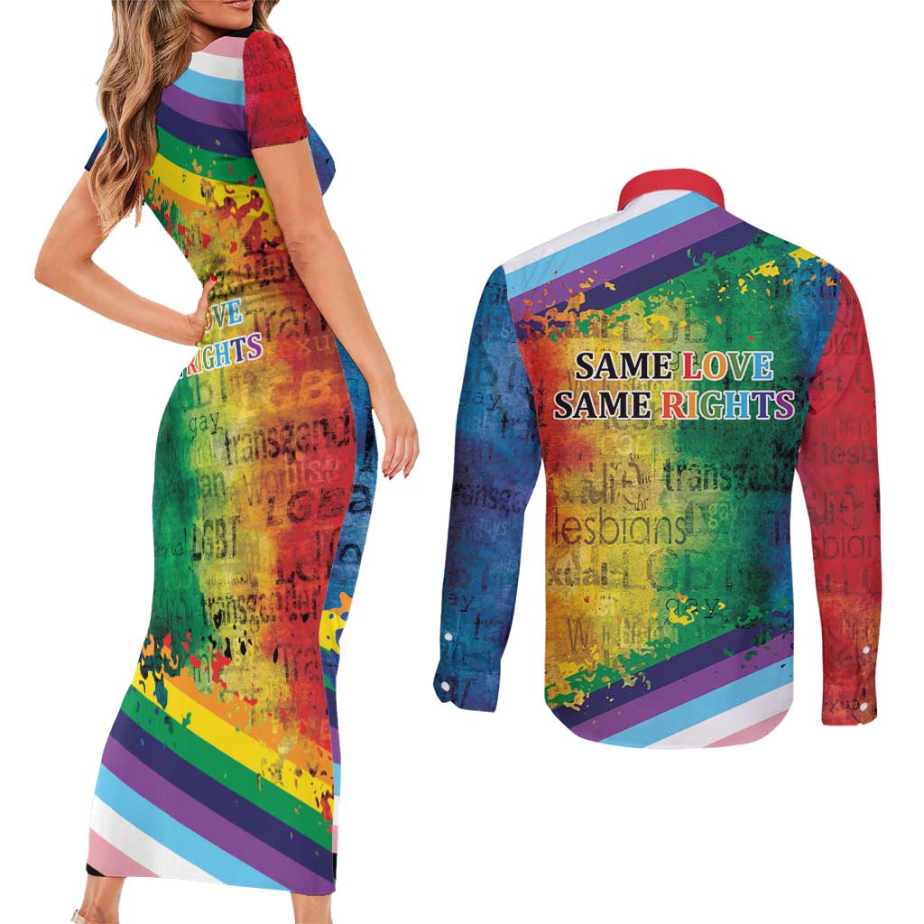 Beautiful Rainbow Lips Kiss Couples Matching Short Sleeve Bodycon Dress and Long Sleeve Button Shirt LGBTQ Same Love Same Rights