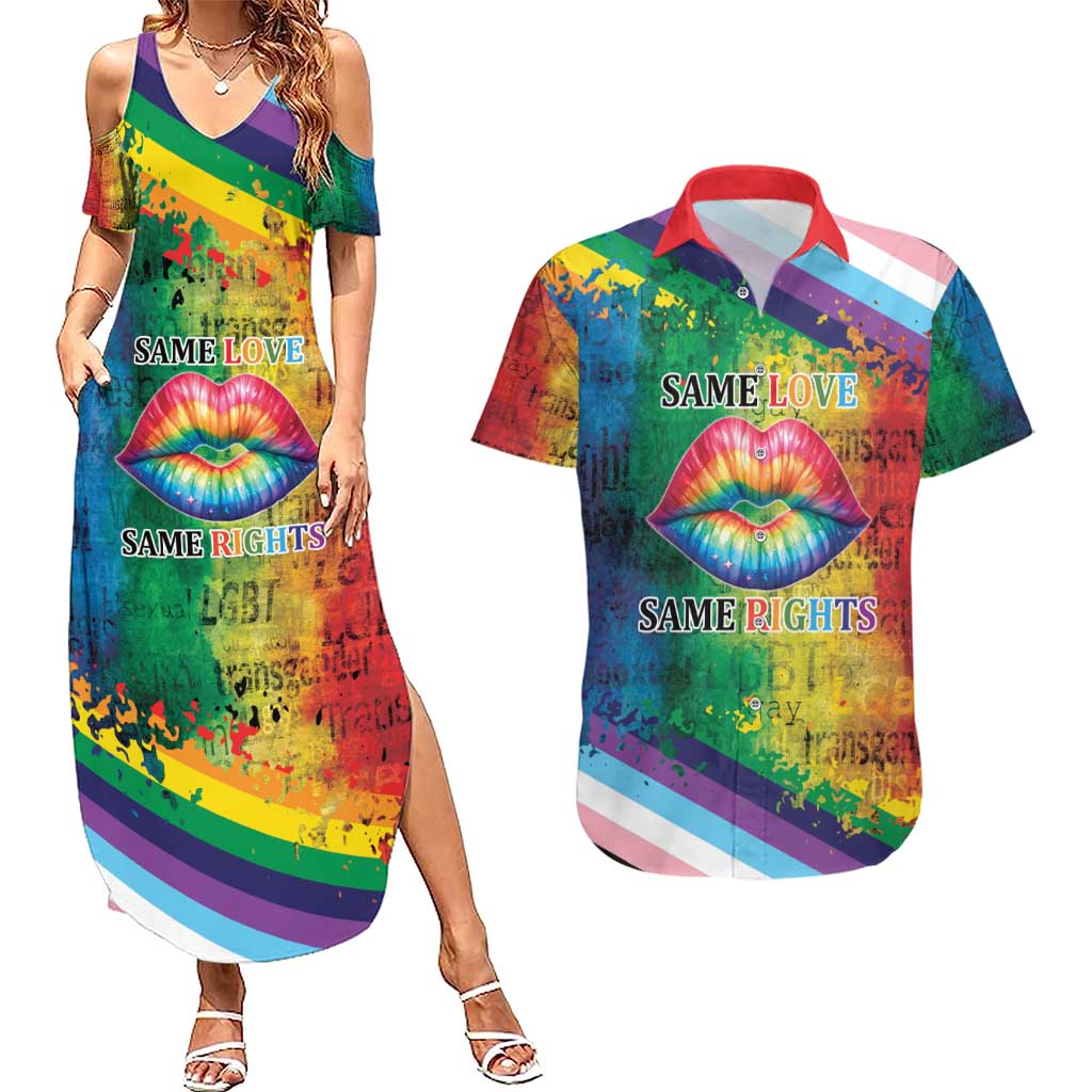 Beautiful Rainbow Lips Kiss Couples Matching Summer Maxi Dress and Hawaiian Shirt LGBTQ Same Love Same Rights