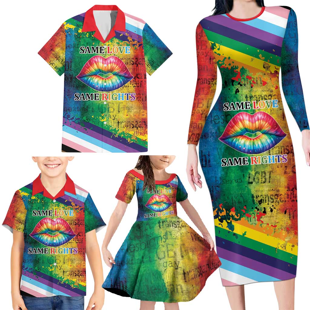 Beautiful Rainbow Lips Kiss Family Matching Long Sleeve Bodycon Dress and Hawaiian Shirt LGBTQ Same Love Same Rights