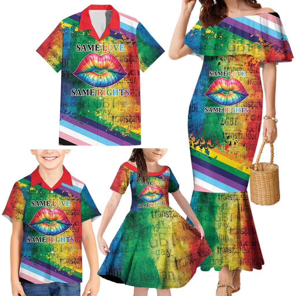 Beautiful Rainbow Lips Kiss Family Matching Mermaid Dress and Hawaiian Shirt LGBTQ Same Love Same Rights
