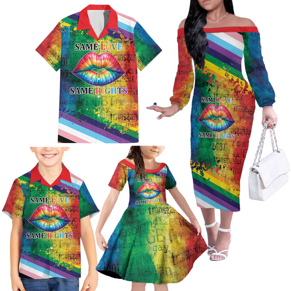 Beautiful Rainbow Lips Kiss Family Matching Off The Shoulder Long Sleeve Dress and Hawaiian Shirt LGBTQ Same Love Same Rights