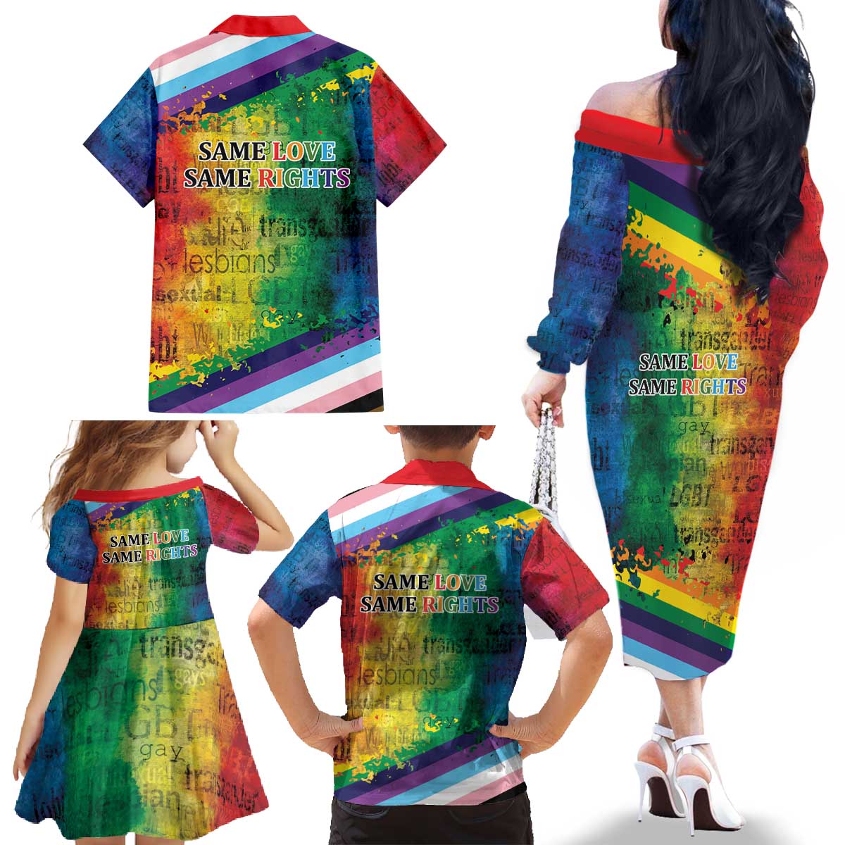 Beautiful Rainbow Lips Kiss Family Matching Off The Shoulder Long Sleeve Dress and Hawaiian Shirt LGBTQ Same Love Same Rights