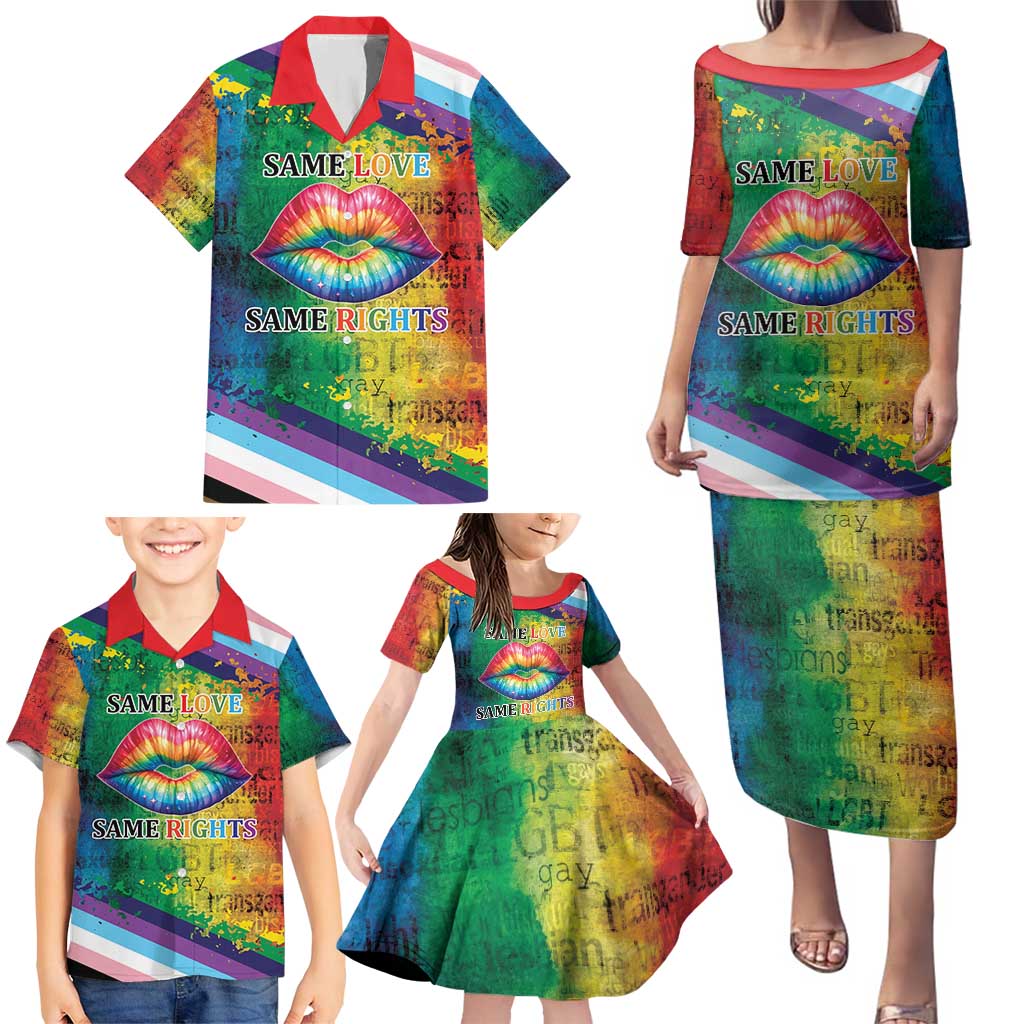 Beautiful Rainbow Lips Kiss Family Matching Puletasi and Hawaiian Shirt LGBTQ Same Love Same Rights