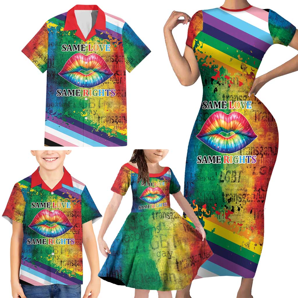 Beautiful Rainbow Lips Kiss Family Matching Short Sleeve Bodycon Dress and Hawaiian Shirt LGBTQ Same Love Same Rights - Wonder Print Shop