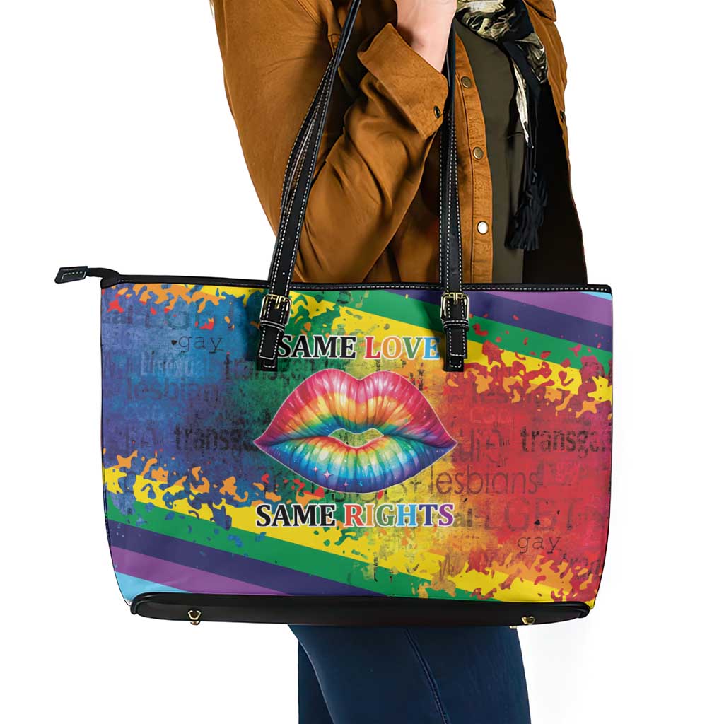 Beautiful Rainbow Lips Kiss Leather Tote Bag LGBTQ Same Love Same Rights