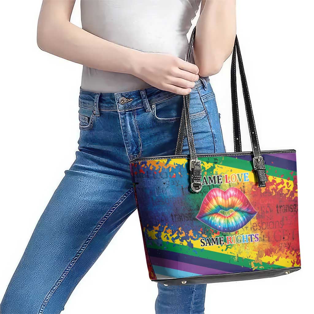 Beautiful Rainbow Lips Kiss Leather Tote Bag LGBTQ Same Love Same Rights