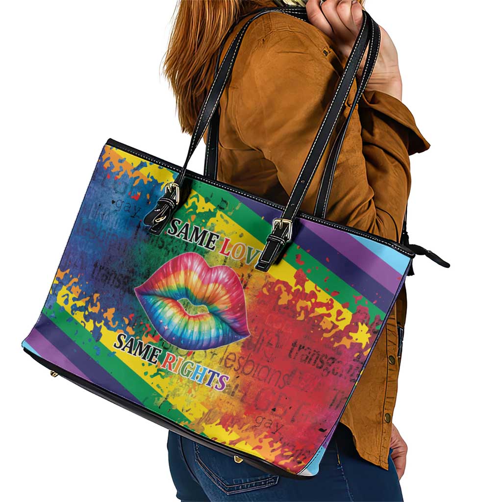 Beautiful Rainbow Lips Kiss Leather Tote Bag LGBTQ Same Love Same Rights