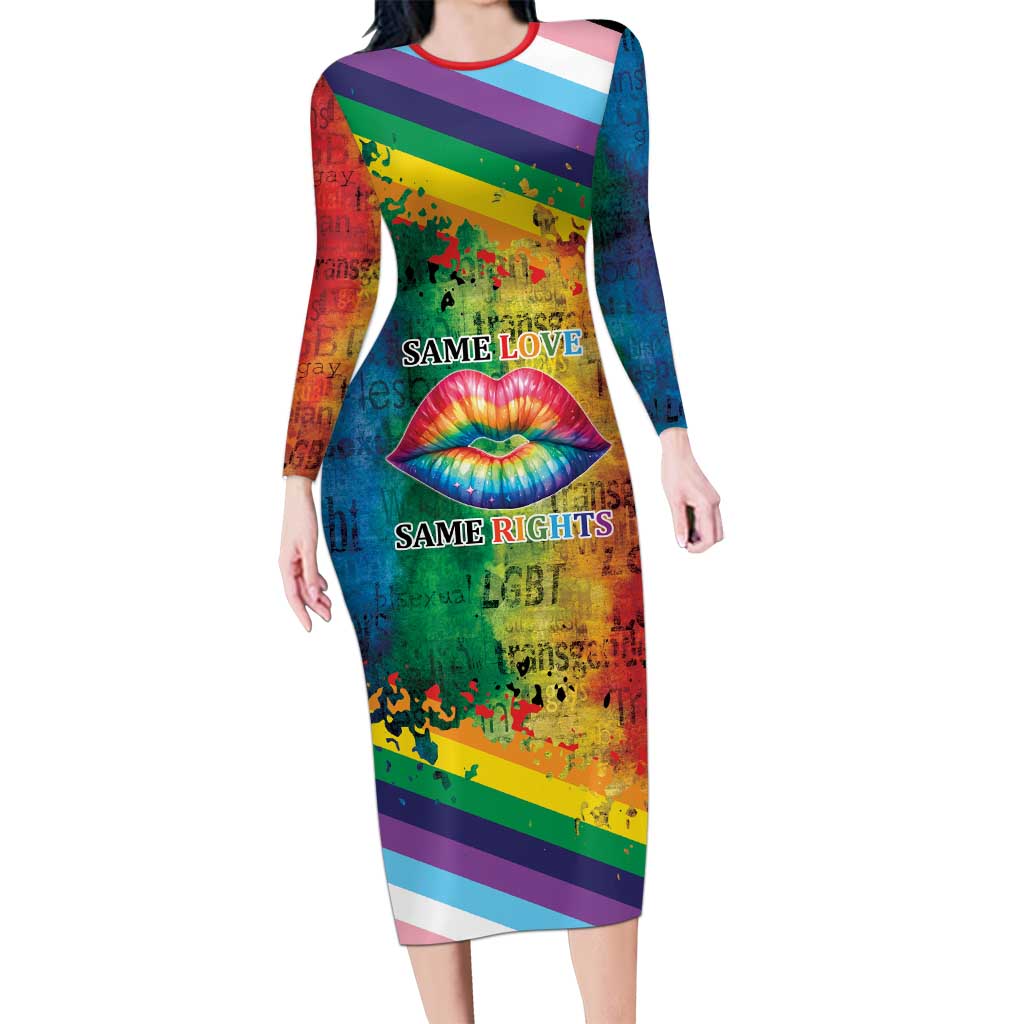 Beautiful Rainbow Lips Kiss Long Sleeve Bodycon Dress LGBTQ Same Love Same Rights - Wonder Print Shop