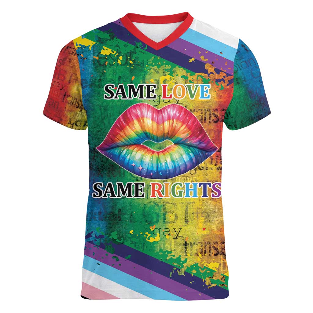 Beautiful Rainbow Lips Kiss Women V-Neck T-Shirt LGBTQ Same Love Same Rights - Wonder Print Shop