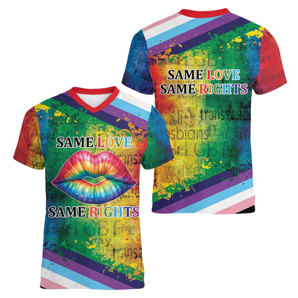 Beautiful Rainbow Lips Kiss Women V-Neck T-Shirt LGBTQ Same Love Same Rights - Wonder Print Shop