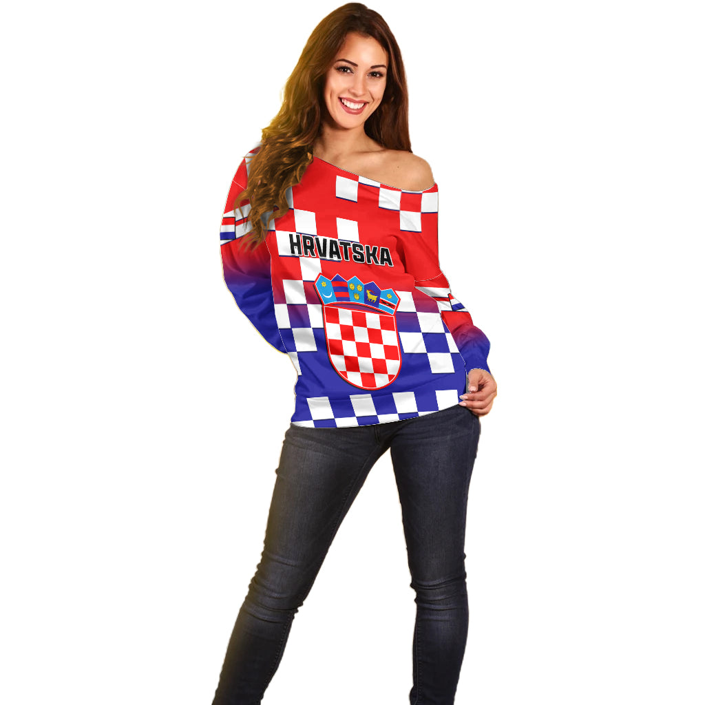Croatia Off Shoulder Sweater Hrvatska Checkerboard Gradient Style - Wonder Print Shop