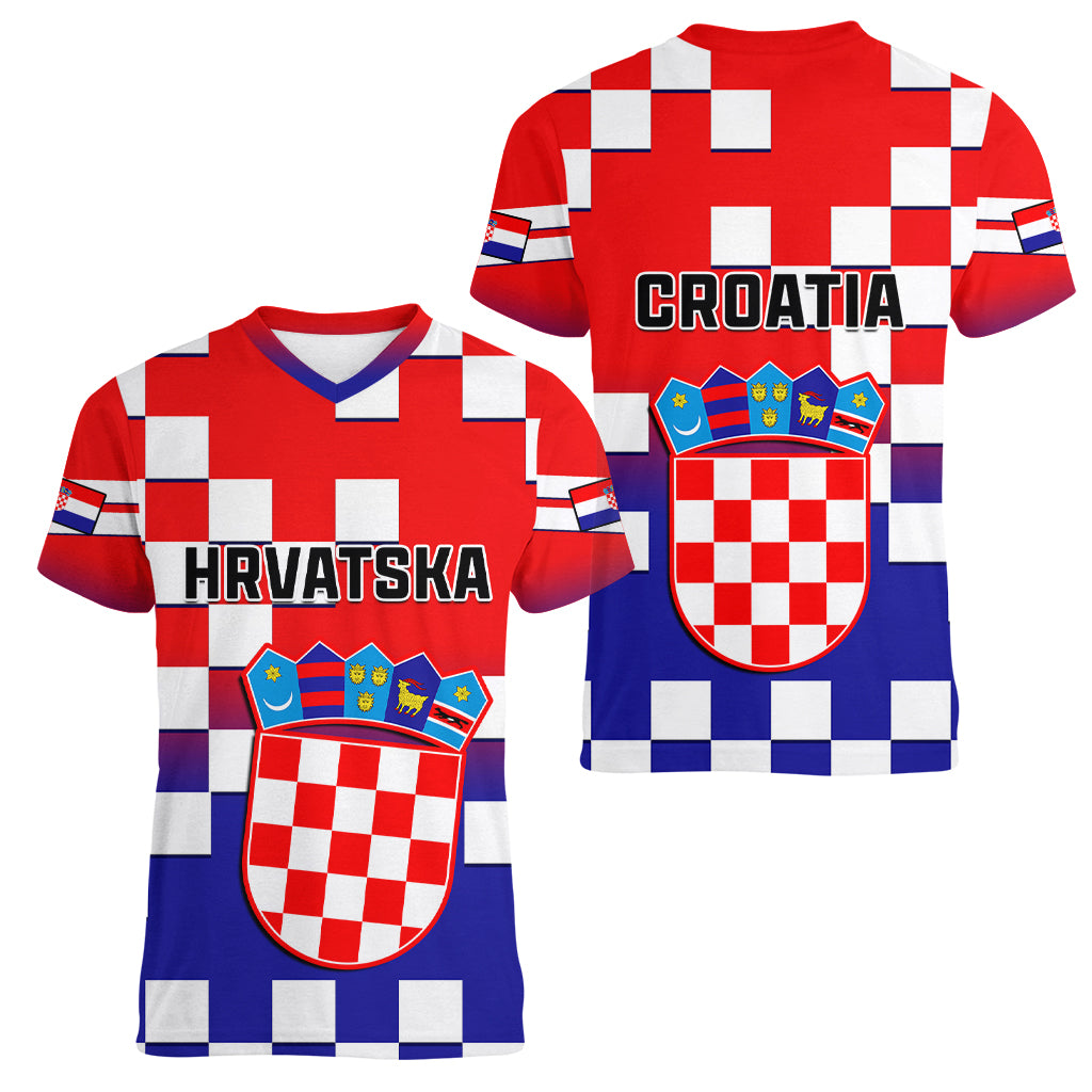 Croatia Women V Neck T Shirt Hrvatska Checkerboard Gradient Style - Wonder Print Shop