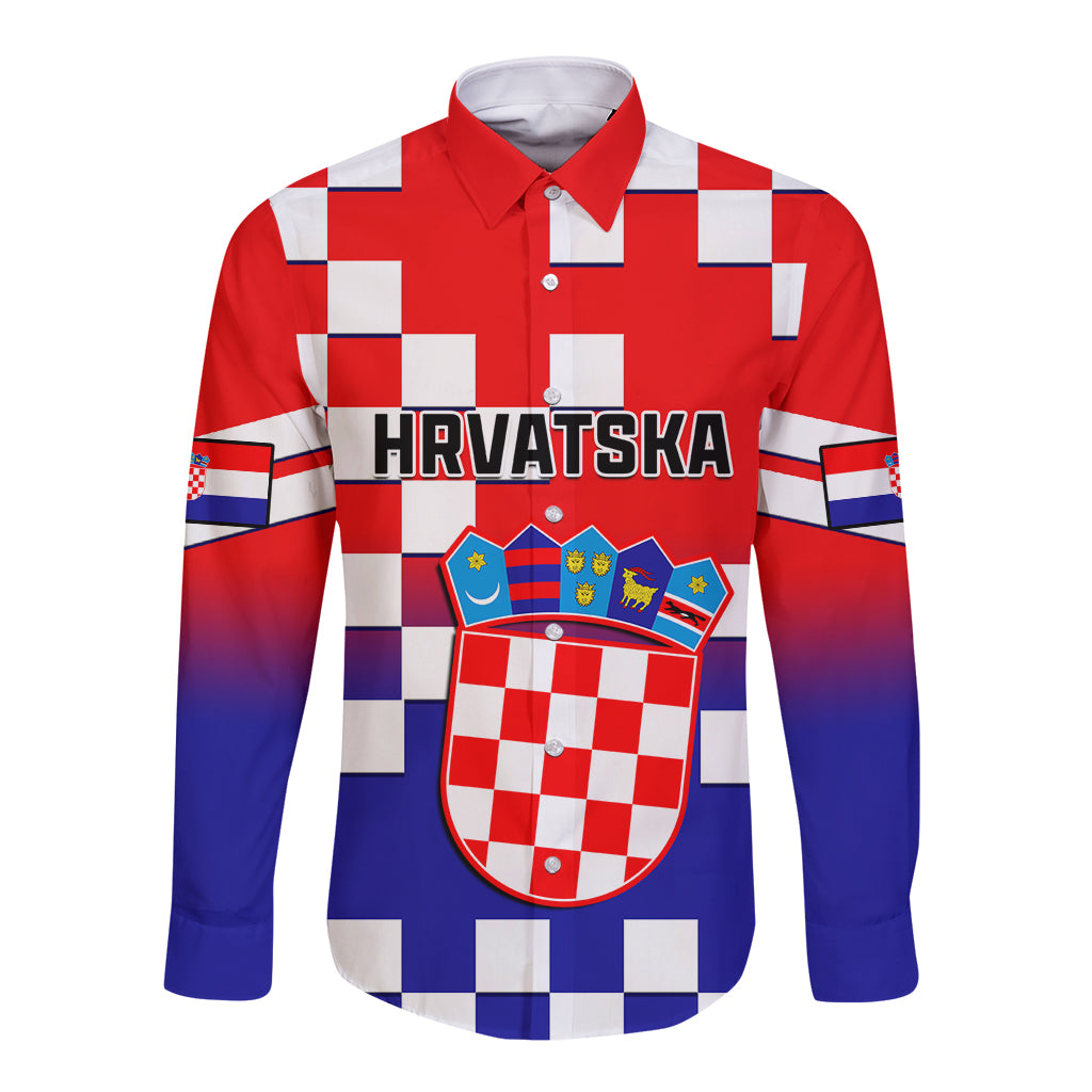 Personalised Croatia Long Sleeve Button Shirt Hrvatska Checkerboard Gradient Style - Wonder Print Shop