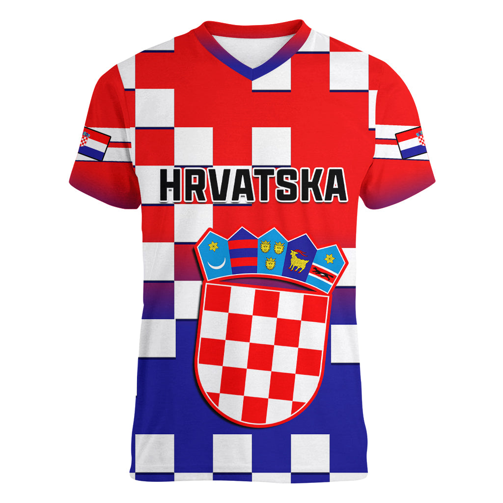 Personalised Croatia Women V Neck T Shirt Hrvatska Checkerboard Gradient Style - Wonder Print Shop