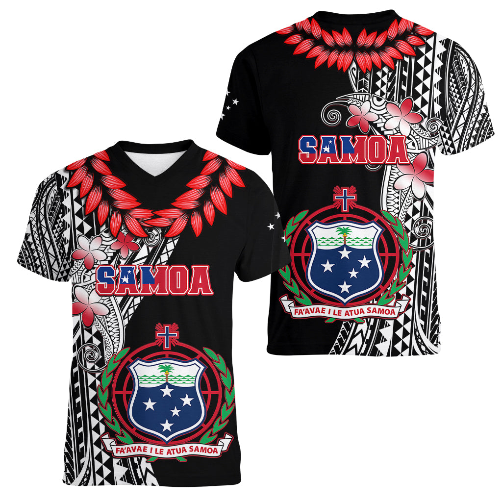 Polynesian Pride Samoa Women V Neck T Shirt Ula Fala Mix Samoan Tribal Black Version - Wonder Print Shop